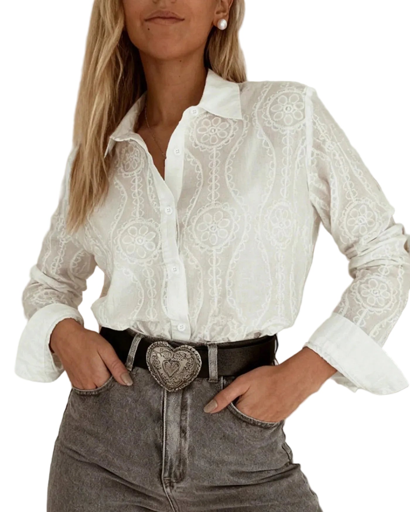 Damska bluzka z długim rękawem z geometrycznym wzorem i zapięciem na guziki