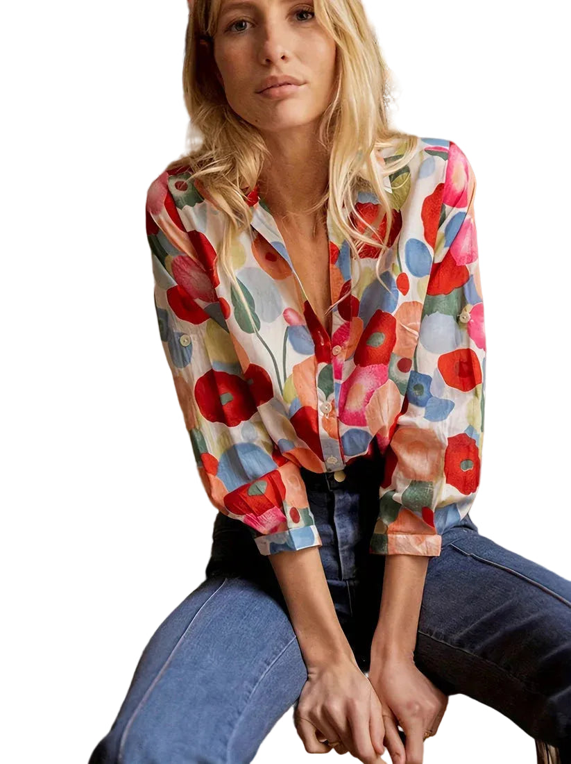 Damska bluzka z długim rękawem z nadrukiem kwiatowym i zapięciem na guziki