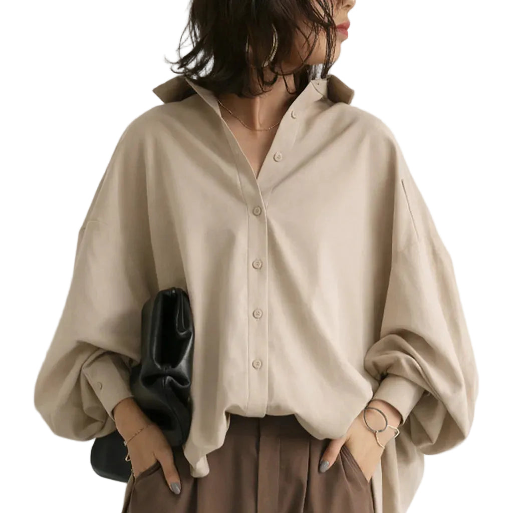 Damska bluzka luźny krój z długim rękawem i zapięciem na guziki