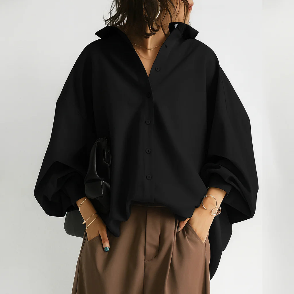 Damska bluzka luźny krój z długim rękawem i zapięciem na guziki