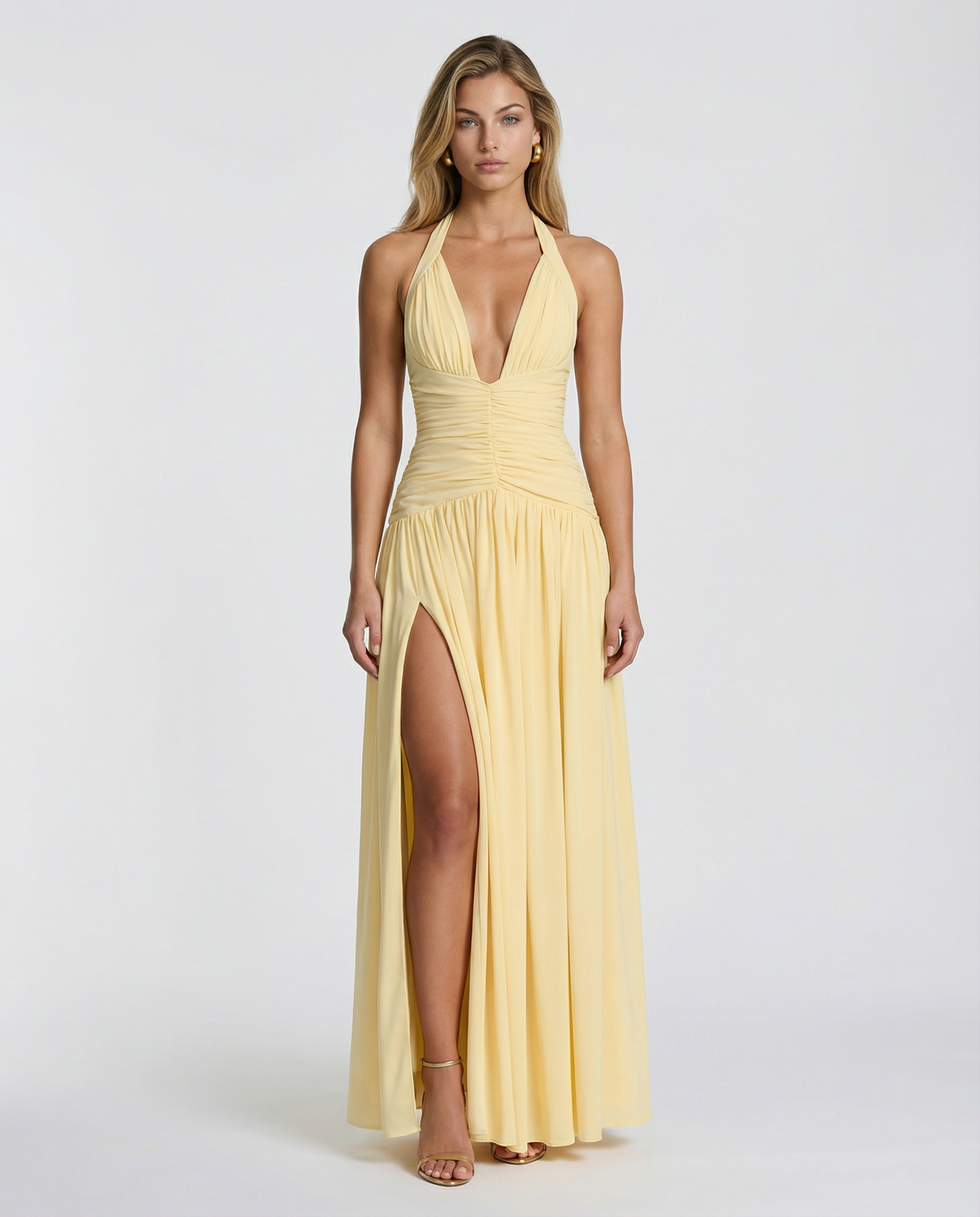 Damska sukienka maxi z halter neck i gorsetową górą