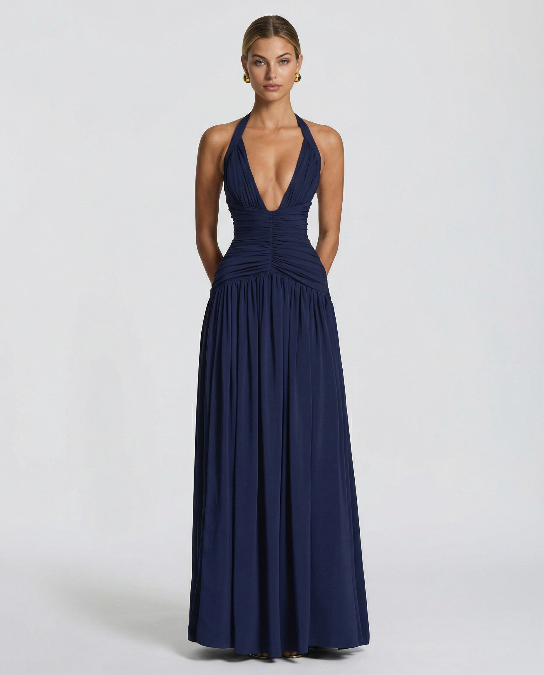 Damska sukienka maxi z halter neck i gorsetową górą