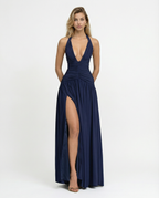 Damska sukienka maxi z halter neck i gorsetową górą
