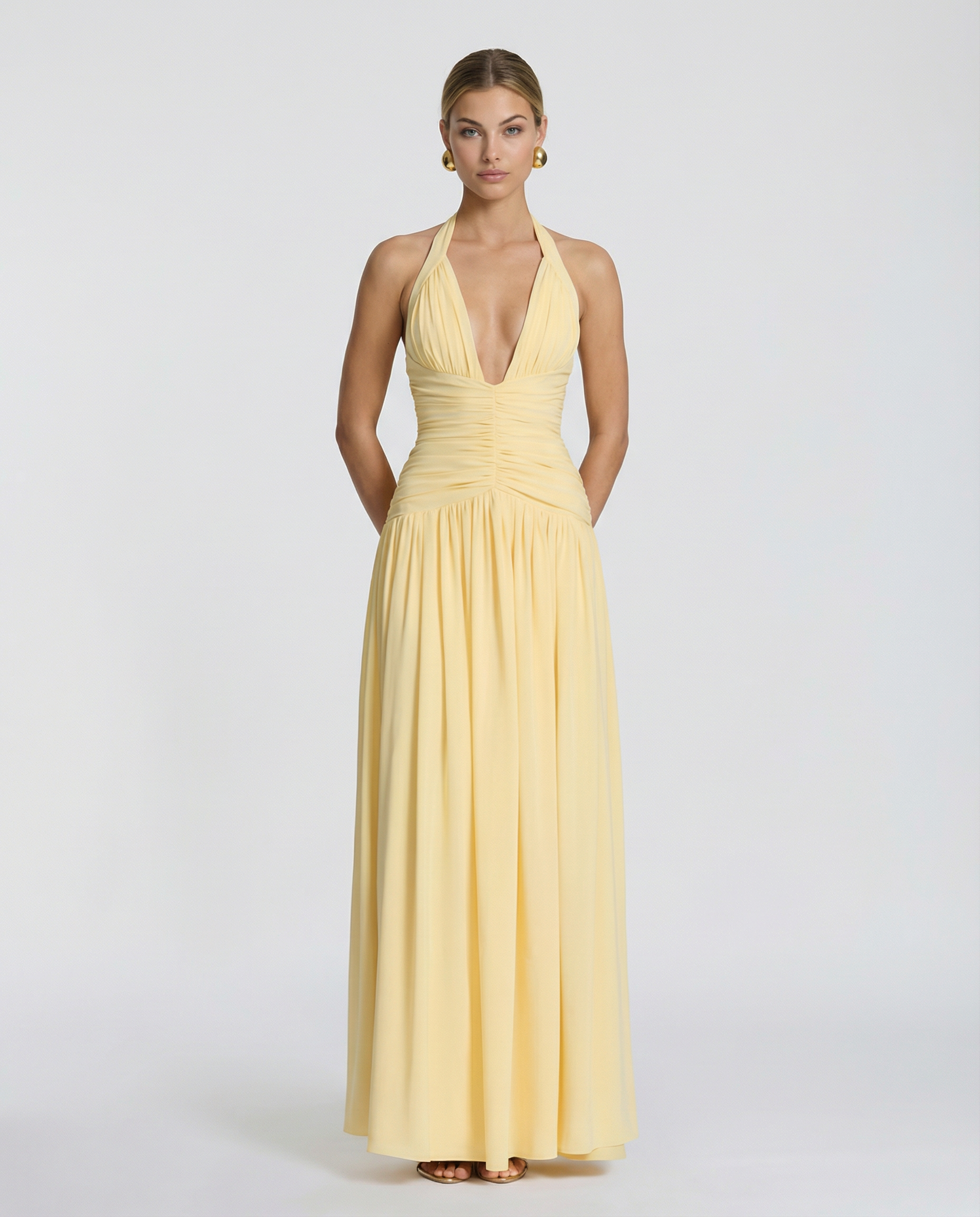 Damska sukienka maxi z halter neck i gorsetową górą