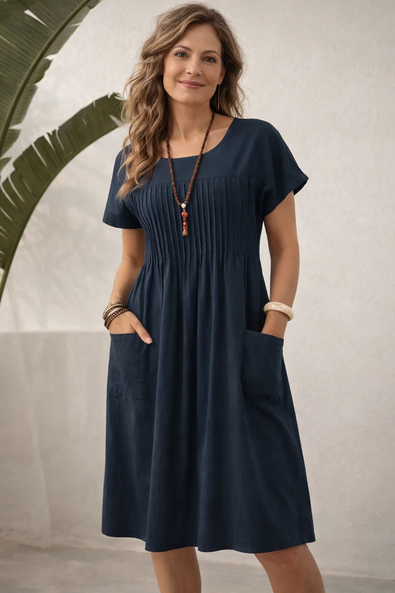 Damska sukienka midi z krótkim rękawem, okrągłym dekoltem i plisowanym przodem