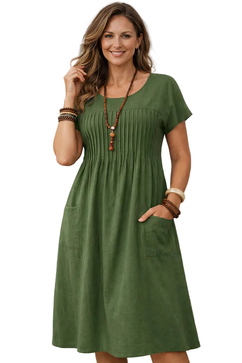 Damska sukienka midi z krótkim rękawem, okrągłym dekoltem i plisowanym przodem