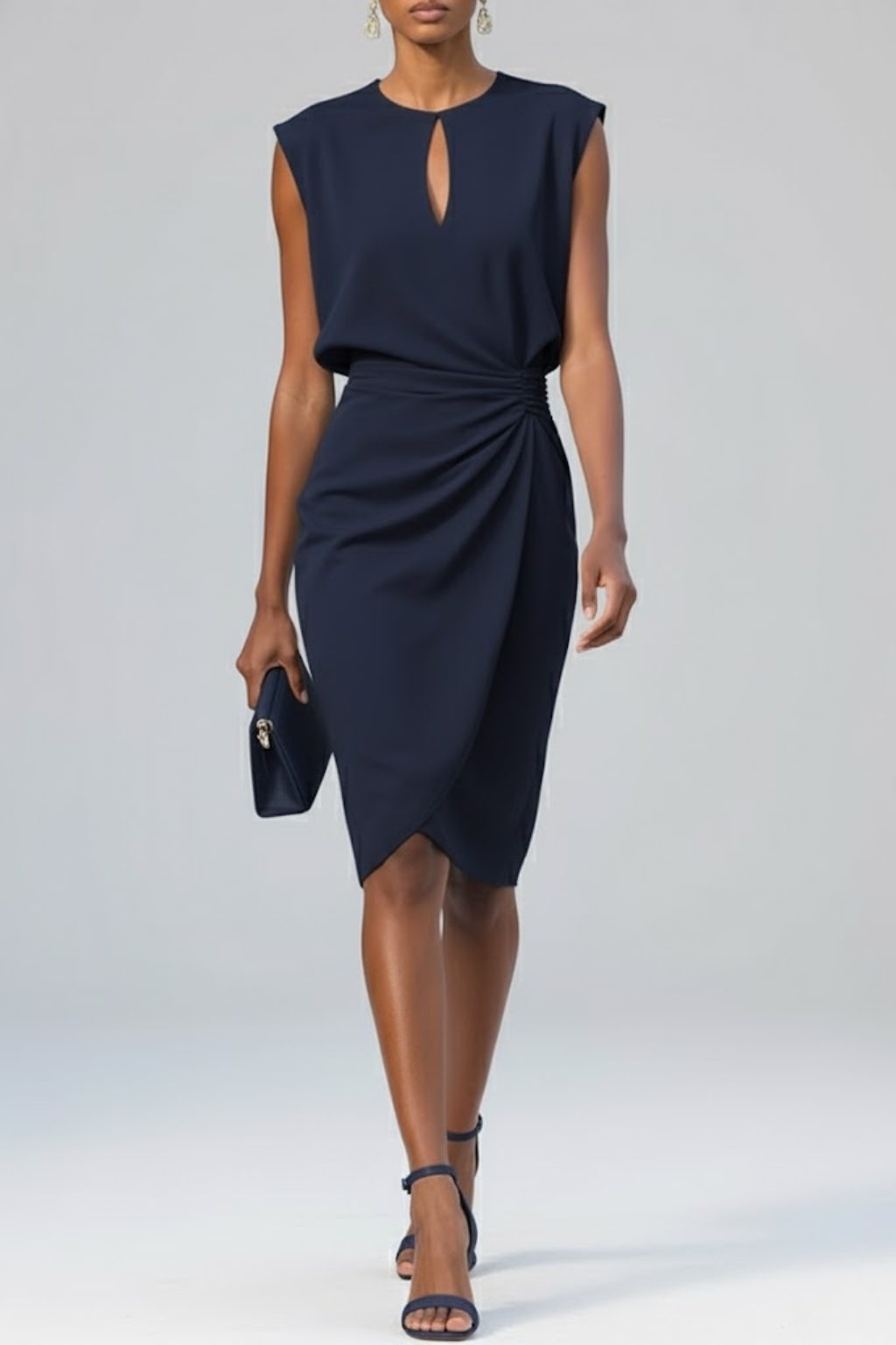 Damska sukienka midi z dekoltem keyhole i marszczeniem w talii