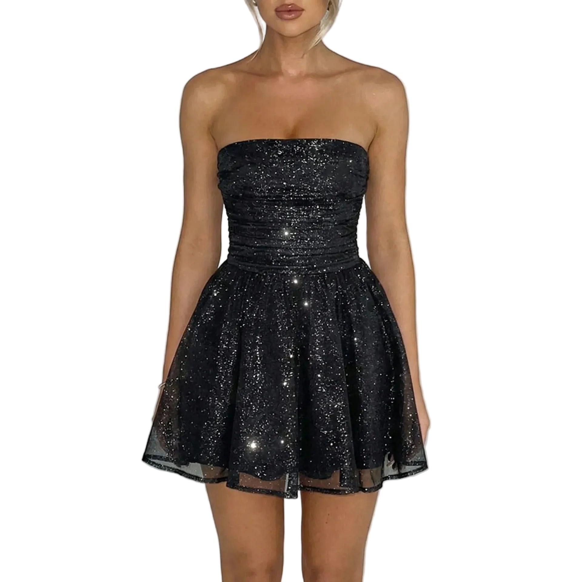 Damska sukienka mini bez ramiączek z brokatowym wykończeniem