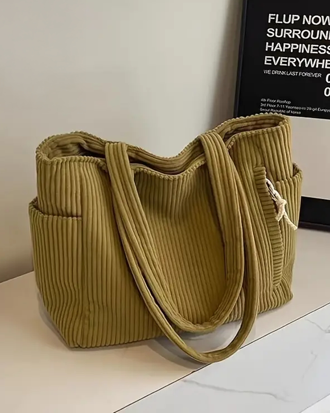 Damska torba tote z prążkowaną fakturą i detalem ze sznurkiem