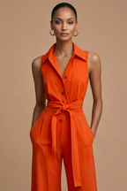 Damski kombinezon bez rękawów z szerokimi nogawkami i kołnierzykiem