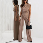 Damski komplet dwuczęściowy z drapowaną górą bez rękawów i szeroką nogawką