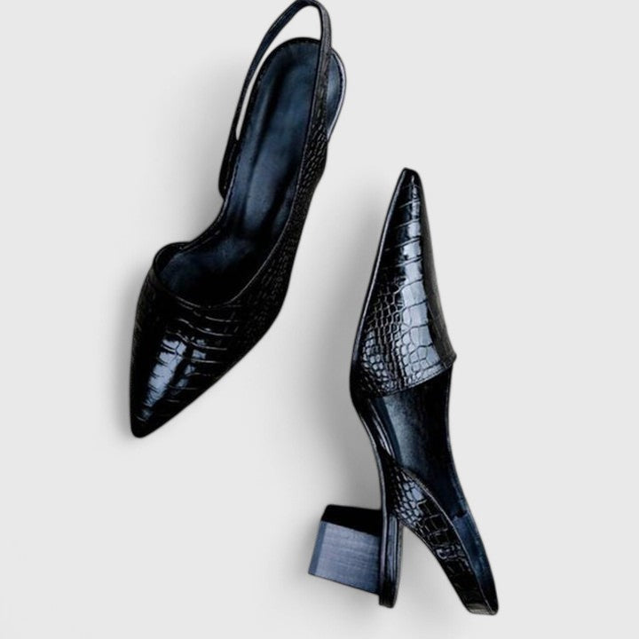 Damskie czółenka slingback ze spiczastym noskiem i łańcuszkiem na kostce