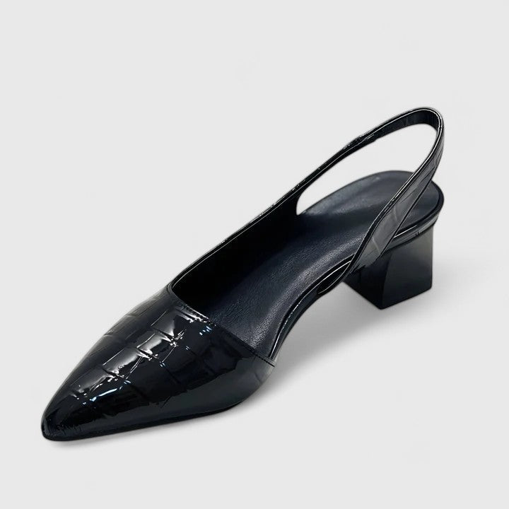Damskie czółenka slingback ze spiczastym noskiem i łańcuszkiem na kostce