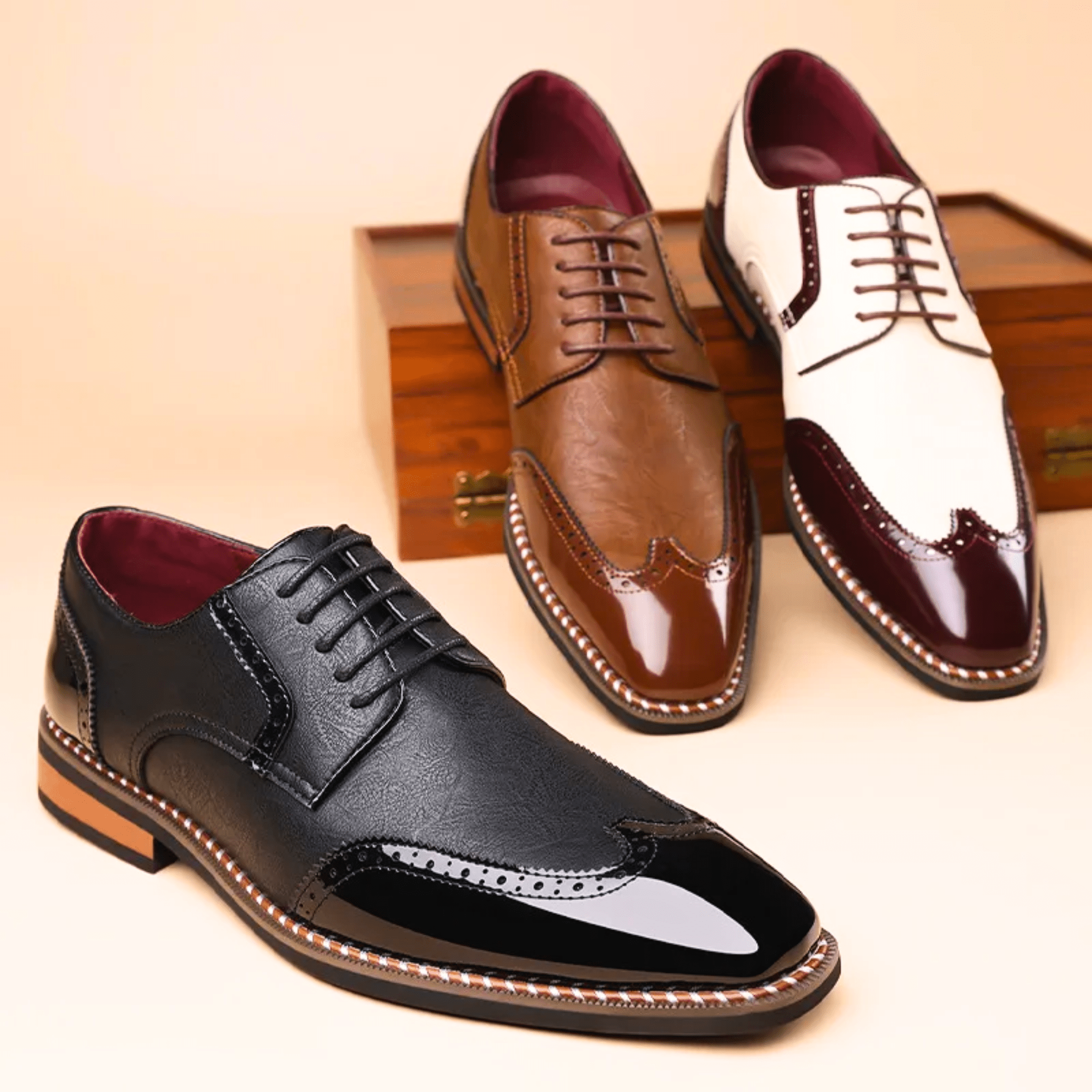 Męskie półbuty Oxford z zdobieniem brogues i kontrastowym noskiem