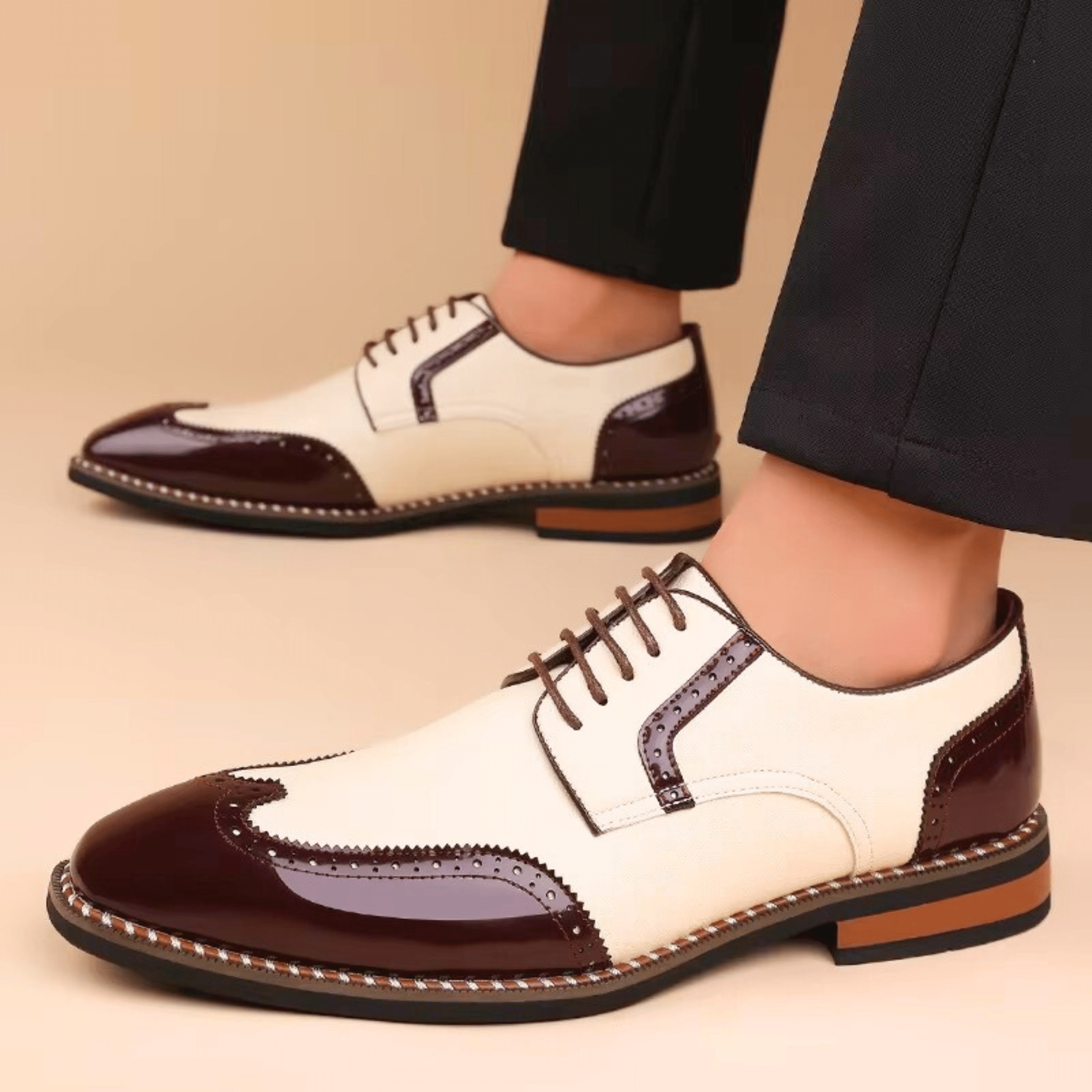 Męskie półbuty Oxford z zdobieniem brogues i kontrastowym noskiem
