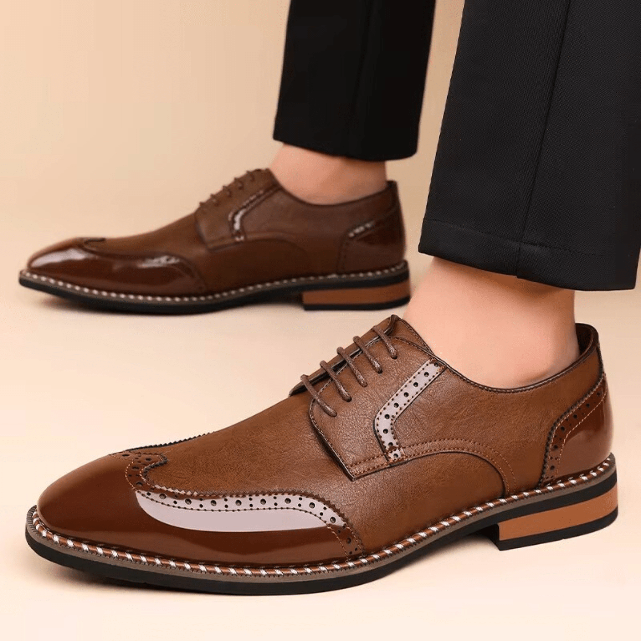 Męskie półbuty Oxford z zdobieniem brogues i kontrastowym noskiem
