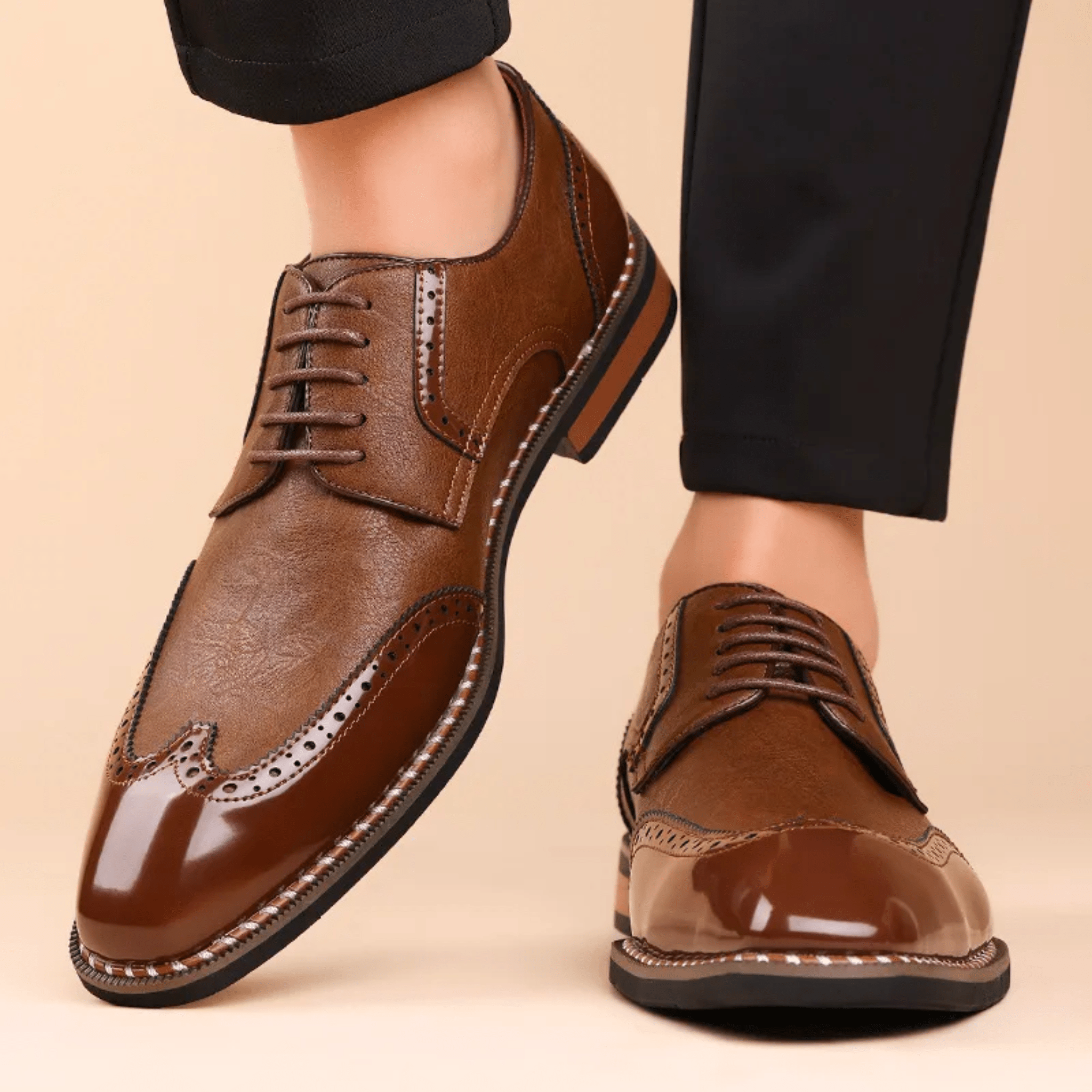 Męskie półbuty Oxford z zdobieniem brogues i kontrastowym noskiem