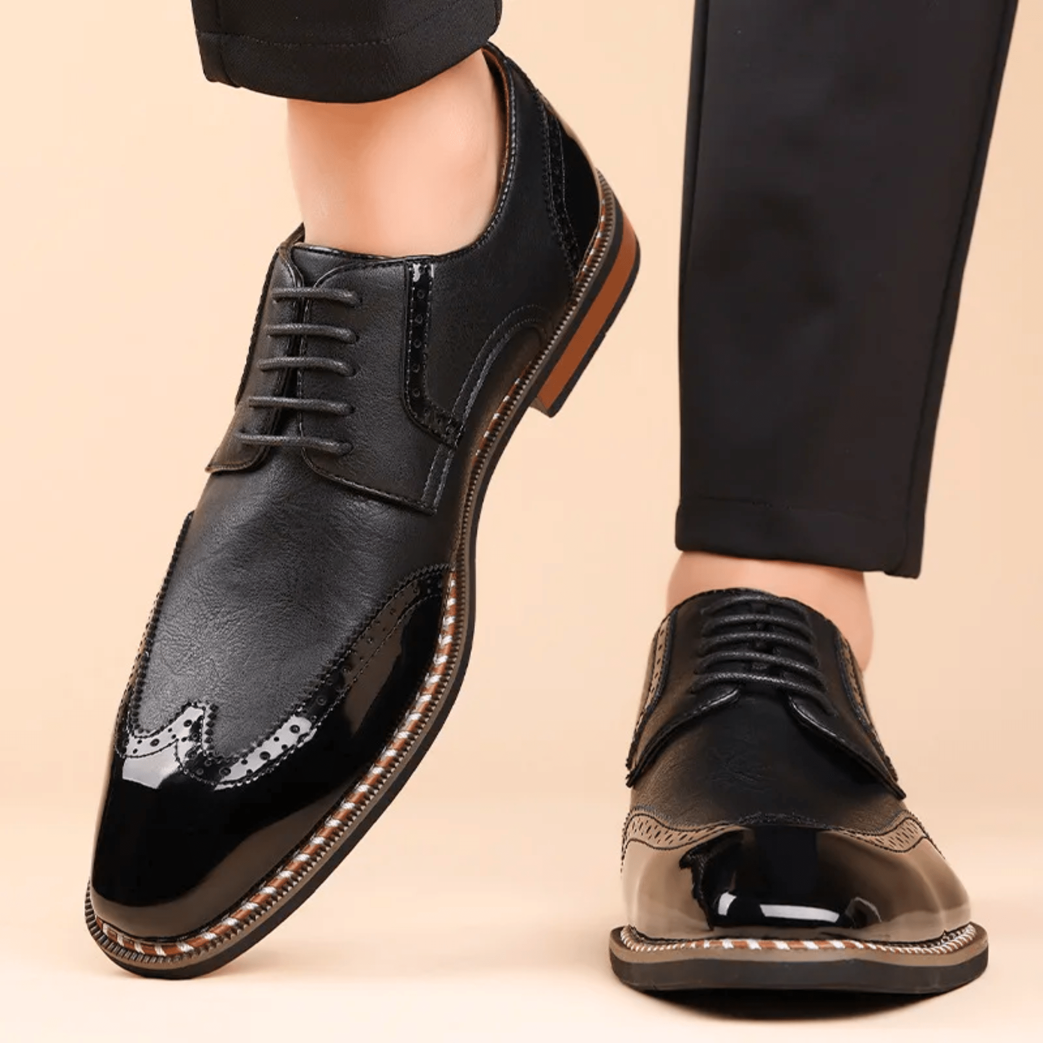 Męskie półbuty Oxford z zdobieniem brogues i kontrastowym noskiem