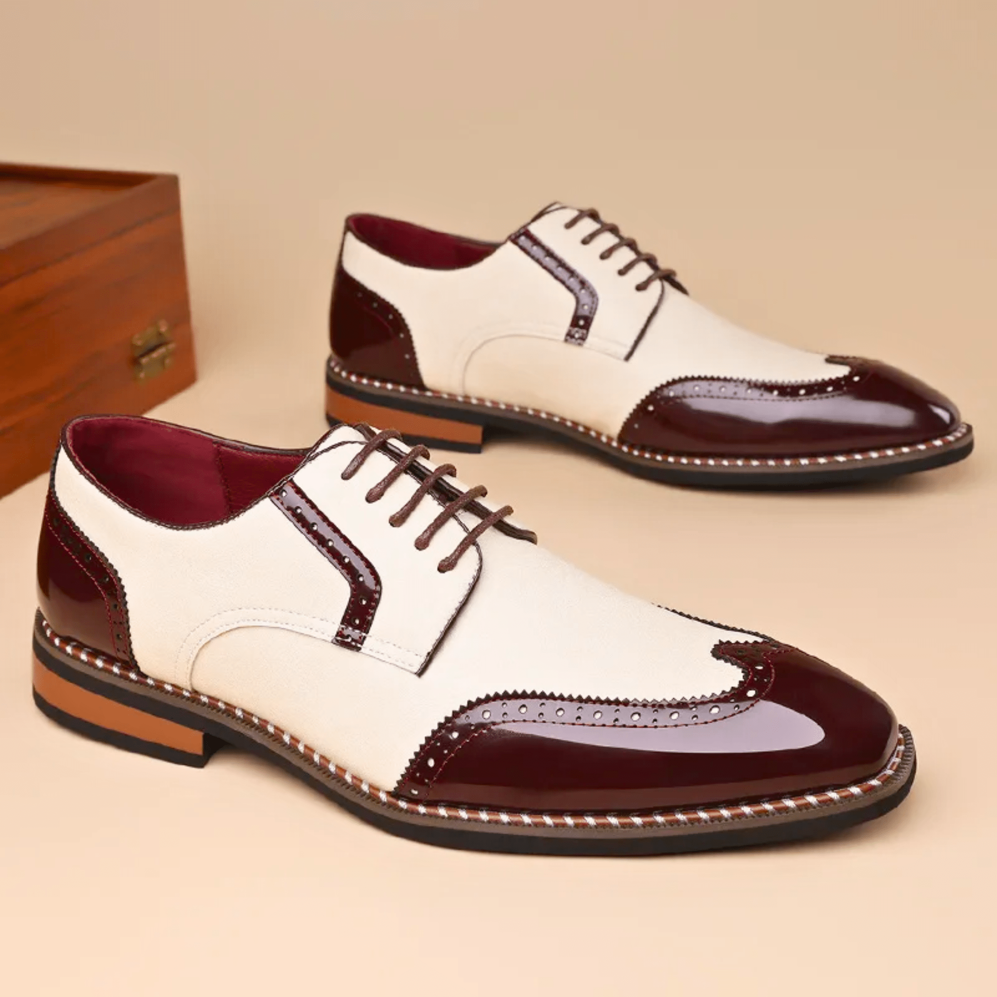 Męskie półbuty Oxford z zdobieniem brogues i kontrastowym noskiem