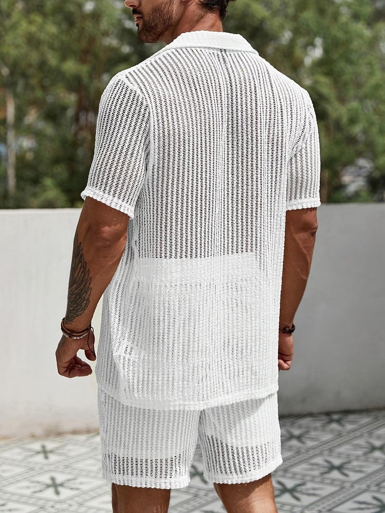 Męski dwuczęściowy zestaw z fakturą i otwartym splotem