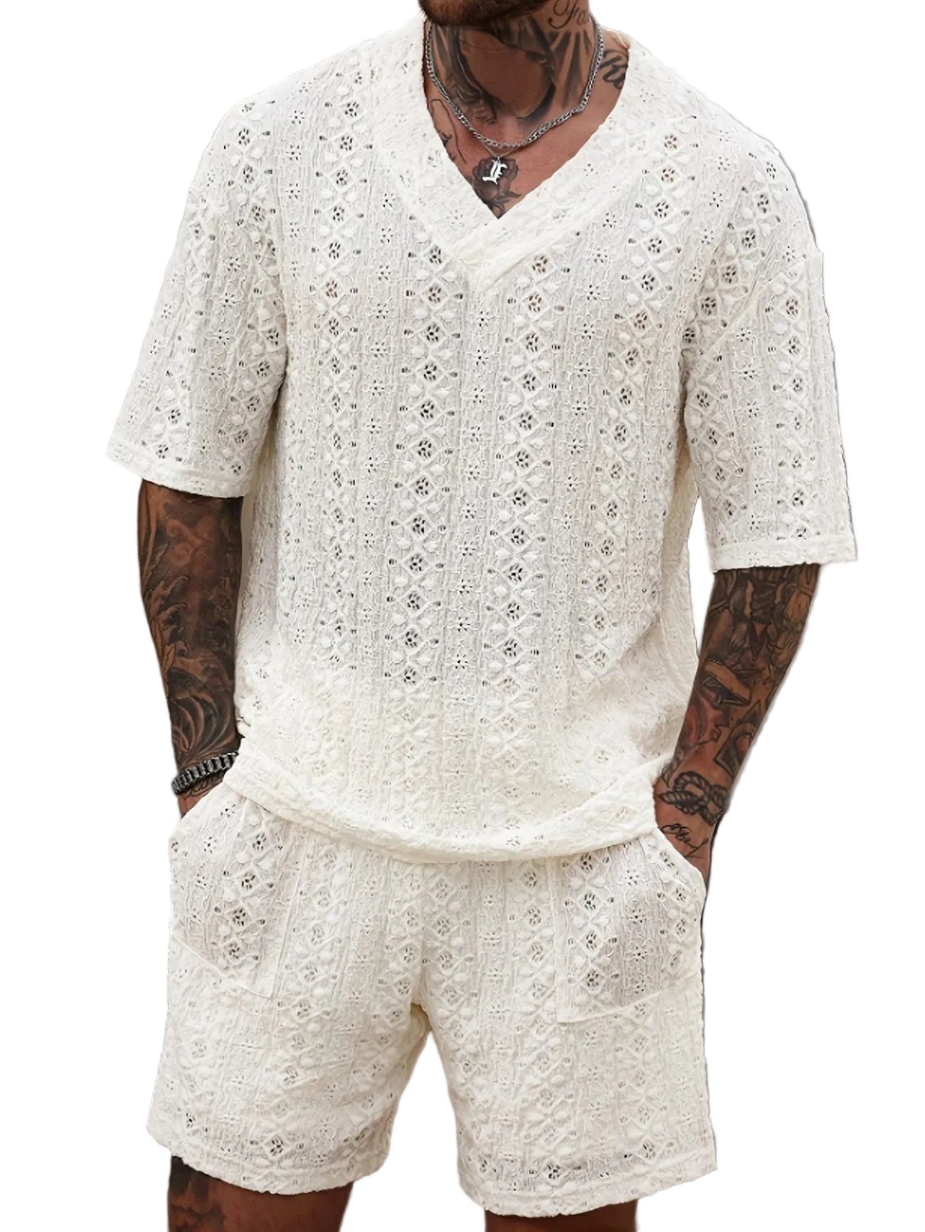 Męski zestaw dwuczęściowy z ażurowej koronki