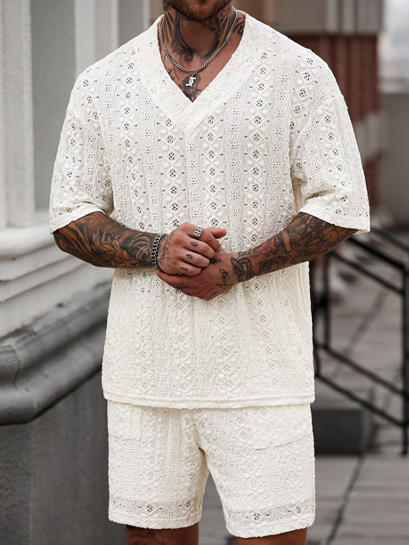 Męski zestaw dwuczęściowy z ażurowej koronki