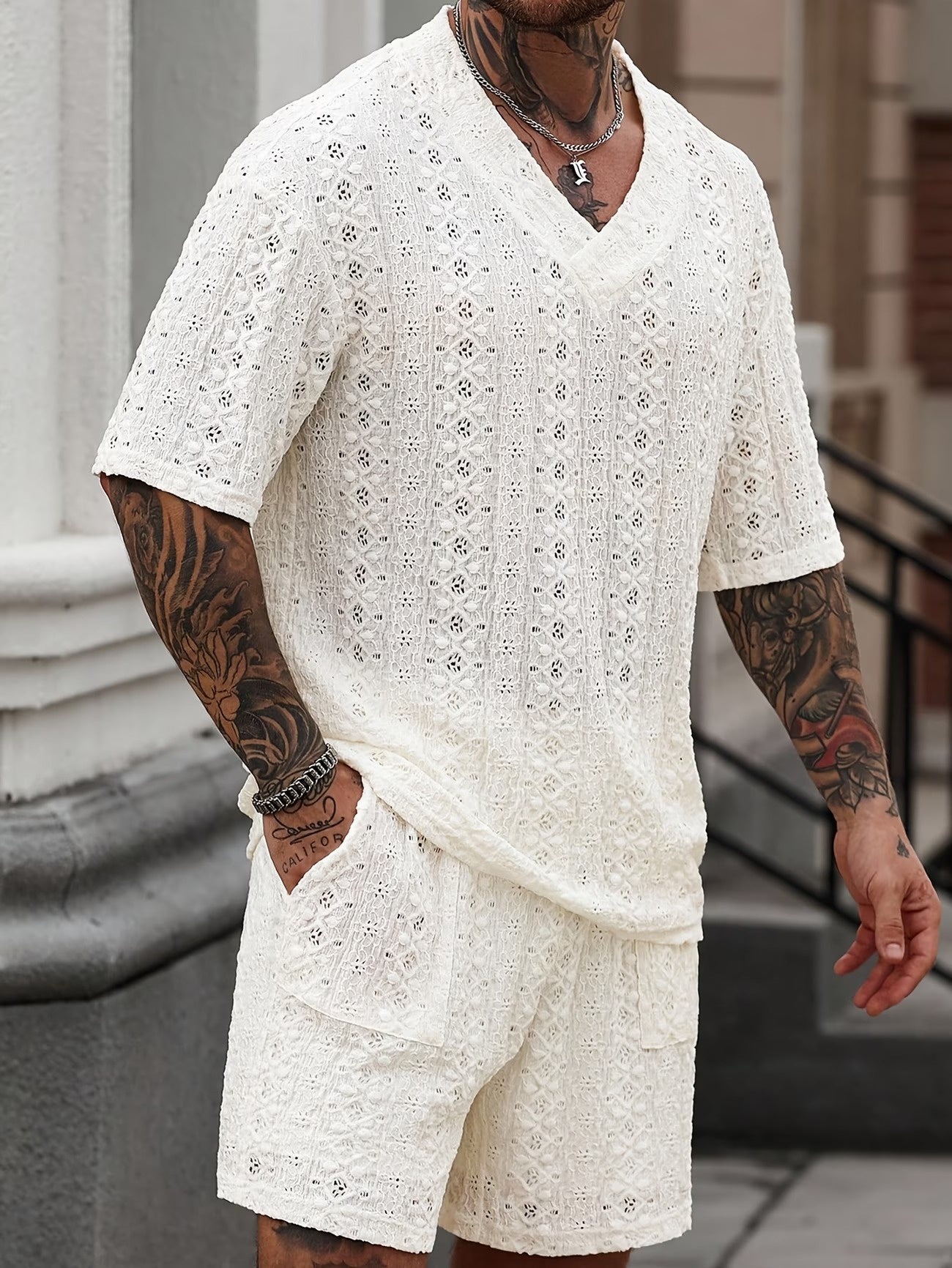 Męski zestaw dwuczęściowy z ażurowej koronki