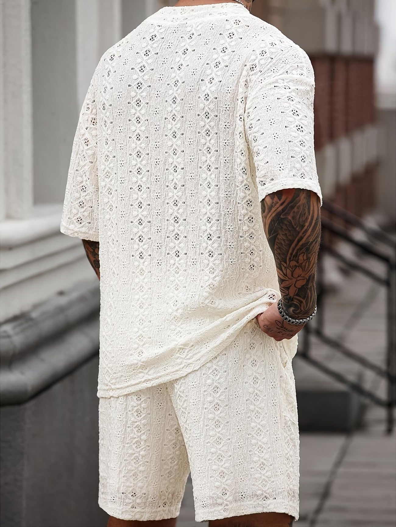 Męski zestaw dwuczęściowy z ażurowej koronki