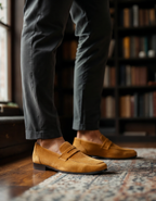 Męskie mokasyny penny loafers z charakterystyczną wstawką na nosku